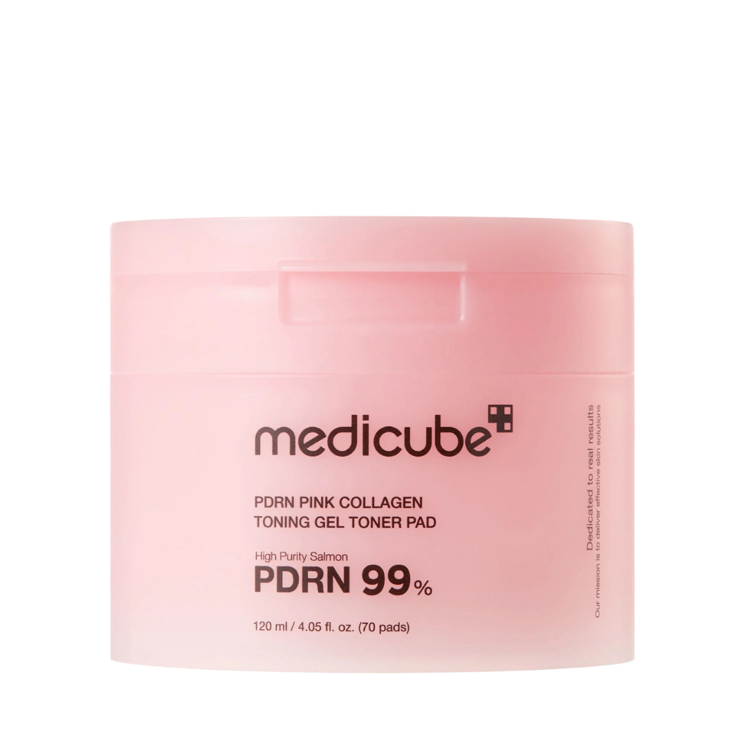 Medicube PDRN Pink Collagen Toning Gel Toner Pad 70 sztuk słoik na białym tle