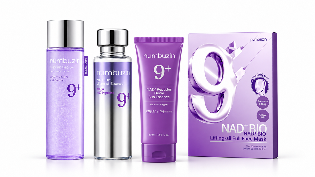 Numbuzin No.9 toner, essence, SPF50+ sunscreen and full face mask on a white background